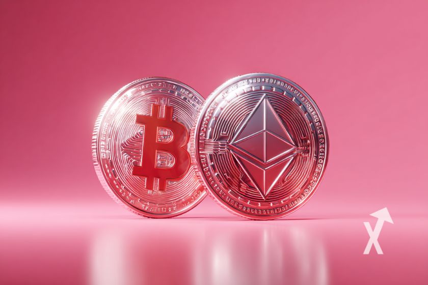 3D-Bitcoin und Ethereum-M&uuml;nzen auf Rosa.