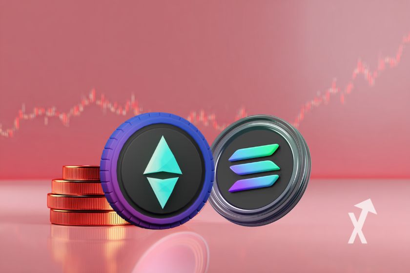 "3D Ethereum und Solana M&uuml;nze"