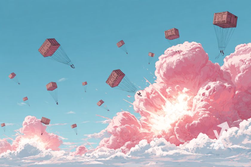 Abwurfbeh&auml;lter mit Fallschirmen am Himmel.
