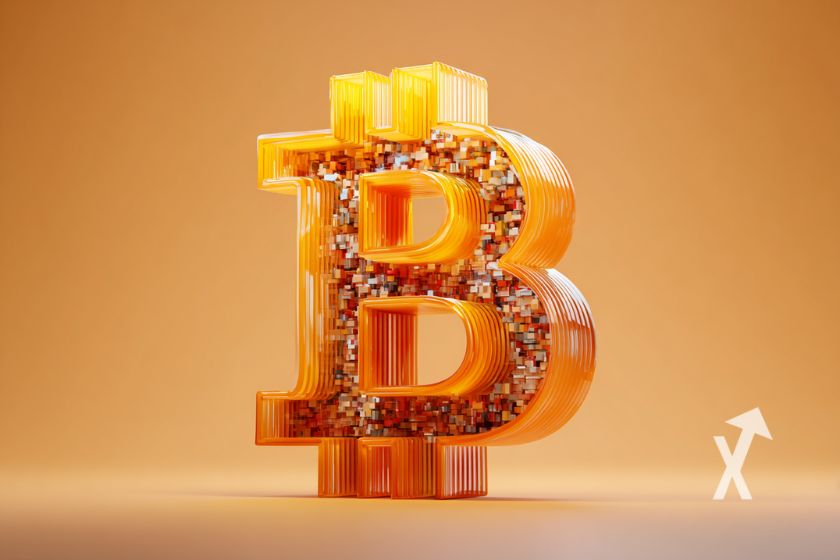 Bitcoin-Logo in 3D, orange Hintergrund.