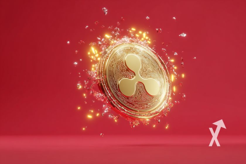 M&uuml;nze XRP auf rotem Hintergrund (Red XRP coin on red background)