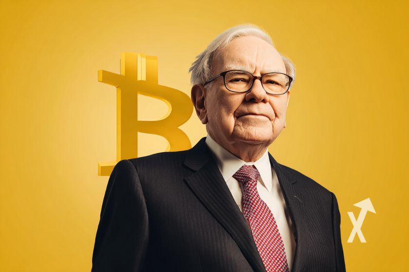 Warren Buffet mit Bitcoin-Logo auf gelbem Hintergrund.