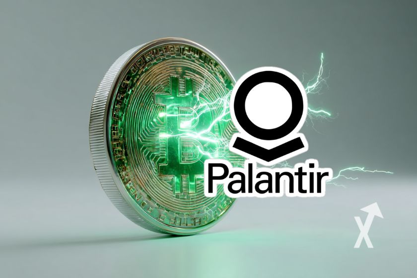 Bitcoin-M&uuml;nze mit gr&uuml;ner Energie & Palantir-Logo.