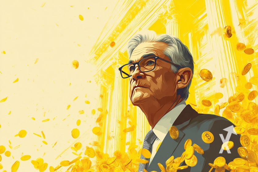 Jerome Powell mit Bitcoins und gelbem Hintergrund.