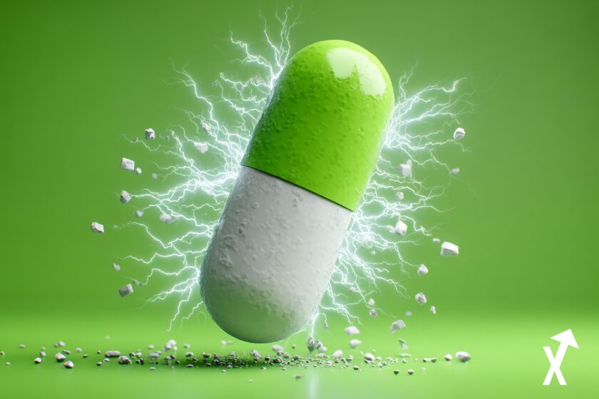 Gr&uuml;ne und wei&szlig;e Spa&szlig;m&uuml;nztabletten, Kryptow&auml;hrung auf grasgr&uuml;nem Hintergrund.