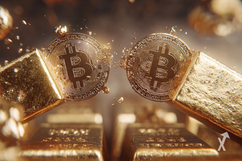 Zwei Bitcoin neben Goldbarren.