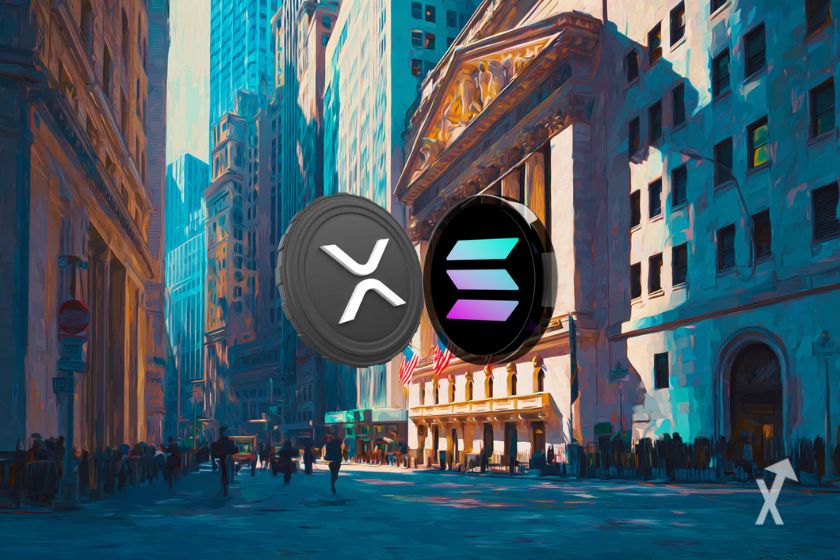 XRP und SOL Tokens vor Wall Street-Geb&auml;ude.