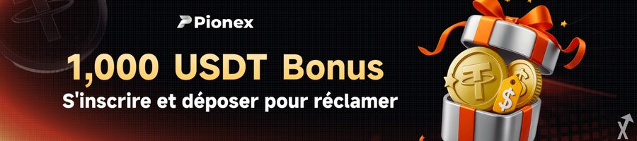 Ein Banner mit goldener Schrift "1,000 USDT Bonus" unter dem Pionex-Logo und links von einem silbernen Geschenk voller Krypto-Token