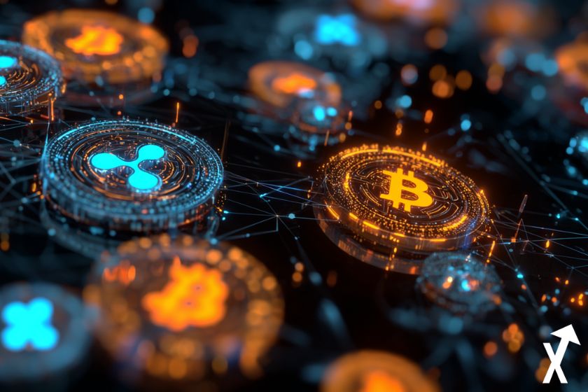 XRP- und Bitcoin-Coin auf Blockchain-Hintergrund.