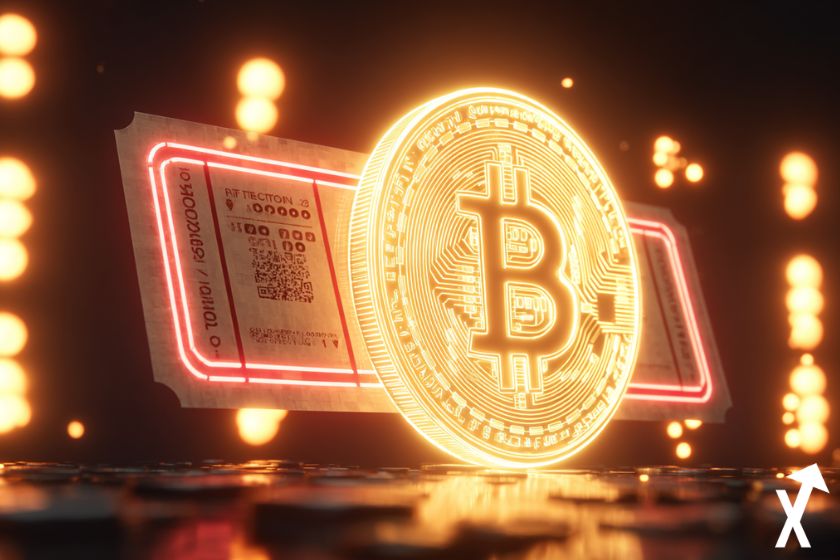 Bitcoin, Goldm&uuml;nze und Lotterieticket auf Neon-Casino-Hintergrund.