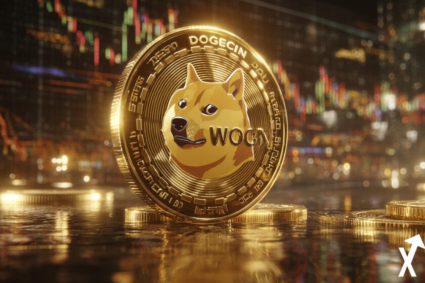 "DogeCoin auf goldenem Hintergrund Diagramm"