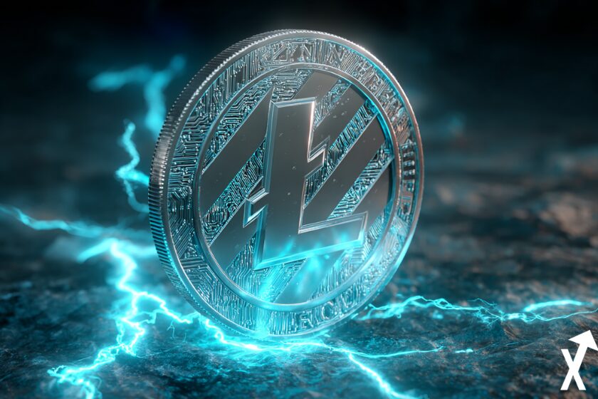 Litecoin-M&uuml;nze in Blau und Silber.