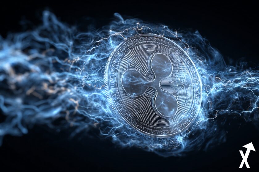 XRP M&uuml;nze auf blauem Hintergrund.