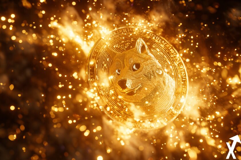 "Goldener Dogecoin-Hund brennt auf Kryptohintergrund"