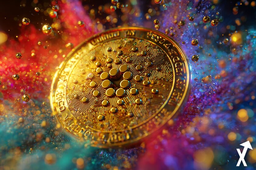 Goldene Ada Cardano M&uuml;nze umgeben von Farben.