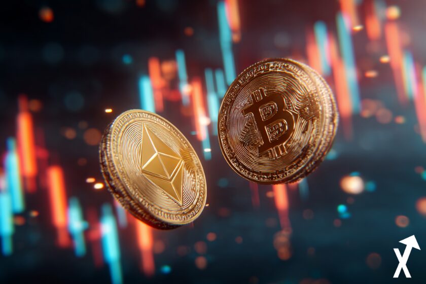 Goldene Bitcoin und Ethereum M&uuml;nzen auf farbigem Hintergrund.