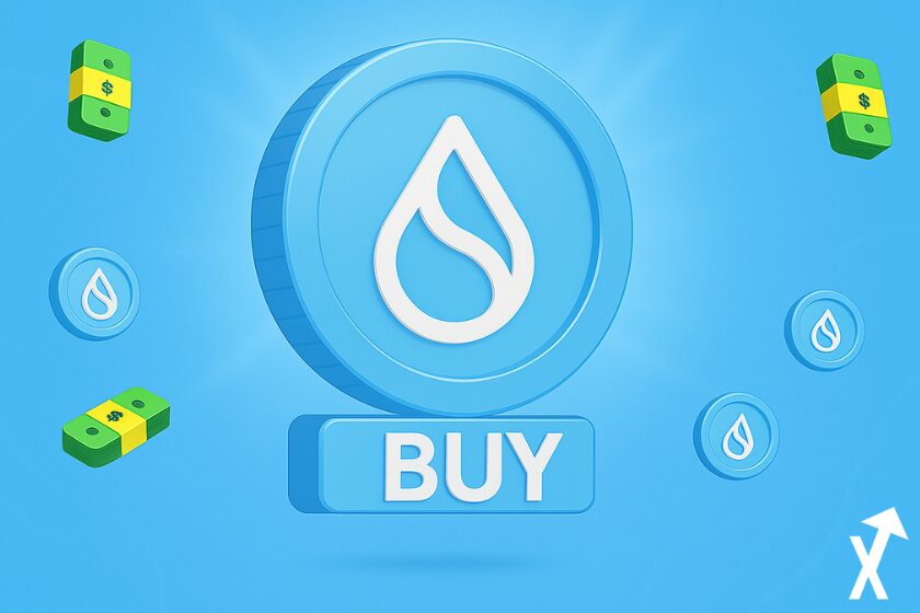 SUI-Logo in Blau und Wei&szlig; auf himmelblauem Hintergrund mit Geldb&uuml;ndeln und einem &bdquo;Buy&ldquo;-Logo