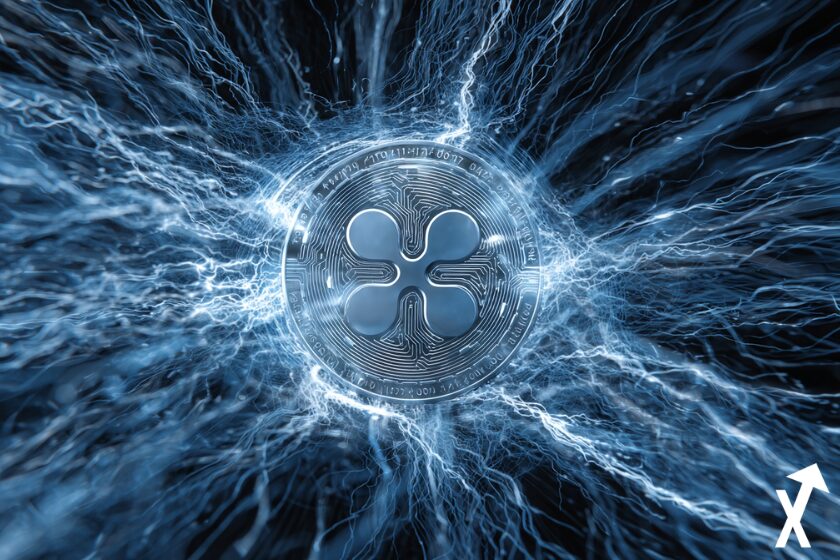 "XRP-M&uuml;nze auf schwarzem Hintergrund"