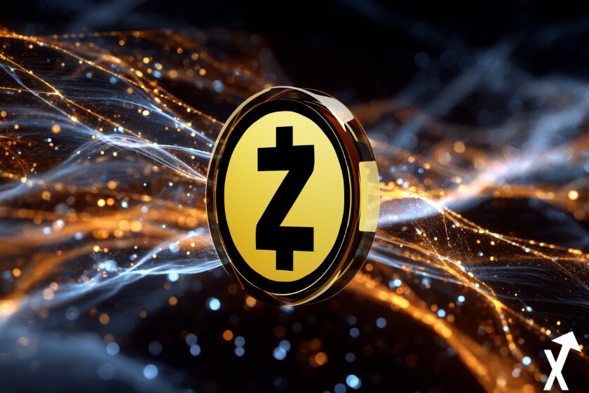 Zcash M&uuml;nze auf Blockchain-Hintergrund.