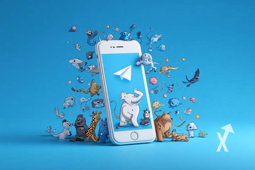 Telefon mit Telegram-App und Cartoon-Tieren.
