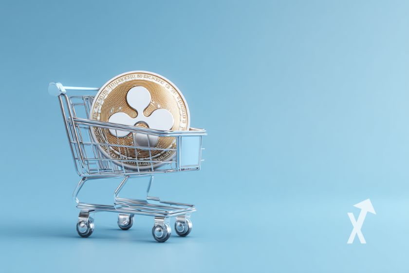 "XRP M&uuml;nzen in Korb auf blauem Hintergrund"