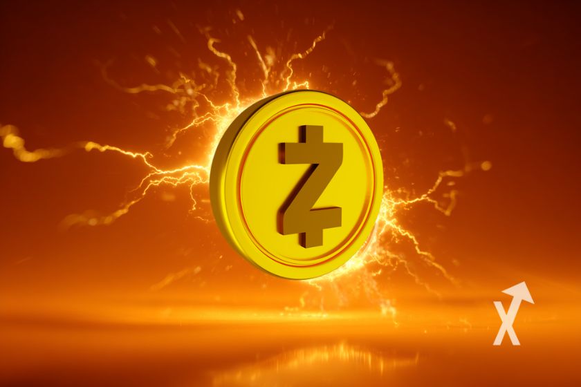Gelber Zcash-M&uuml;nz-Jeton mit Elektrizit&auml;t.