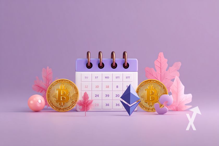 November-Kalender mit Krypto-Tokens und Pflanzen.