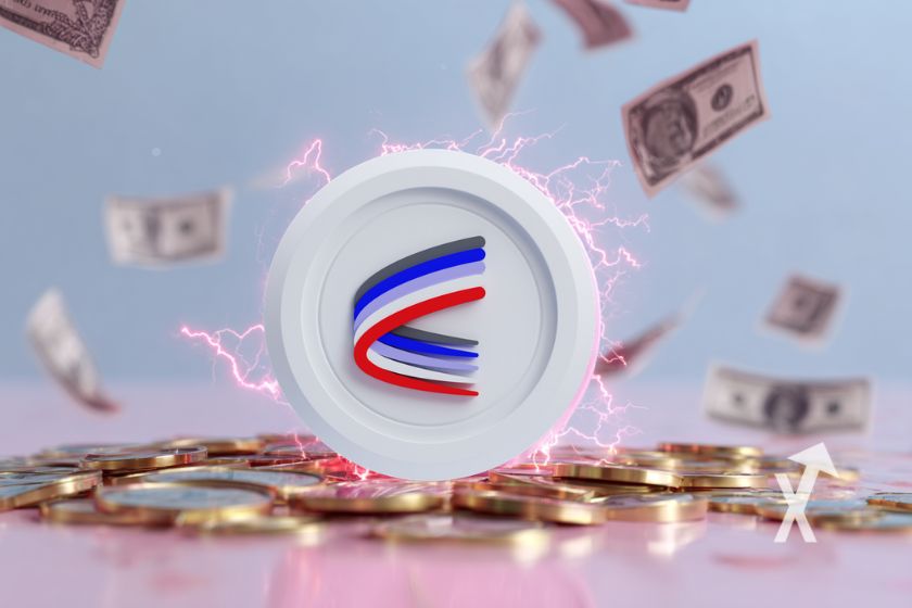 M&uuml;nze der Aerodrome Finance auf Grau und Rosa Hintergrund mit fliegenden Dollar-Scheinen.