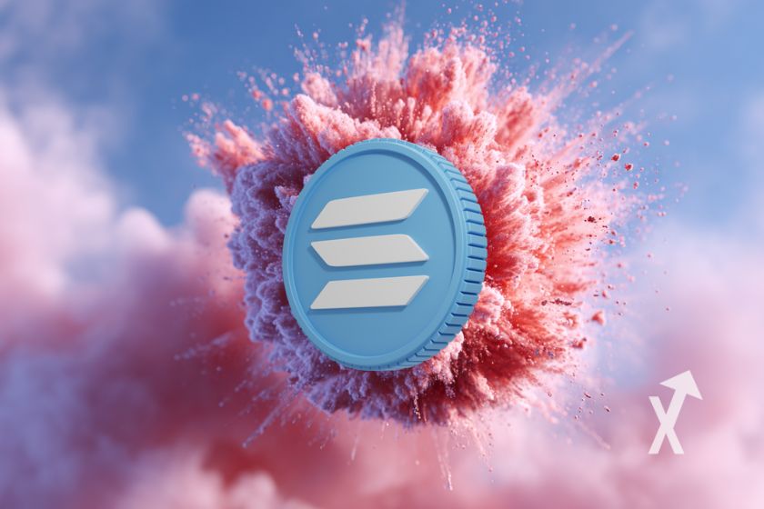 Solana-M&uuml;nze auf rosa Explosion, blauer Himmel.