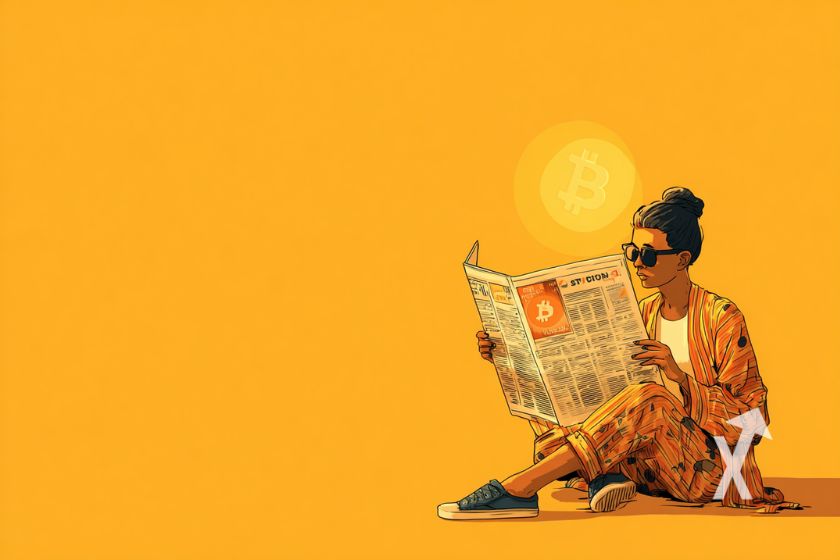 Frau liest Zeitung mit Bitcoin. (Woman reading newspaper with Bitcoin.)