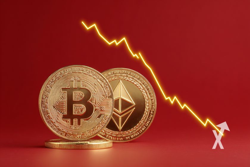 "Bitcoin und Ethereum M&uuml;nzen auf rotem Hintergrund"