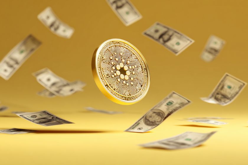 Gelber Cardano ADA M&uuml;nze und Dollarnoten.