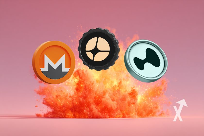 M&uuml;nzen HYPE, XMR, ASTER auf rosa Hintergrund mit orangener Explosion.