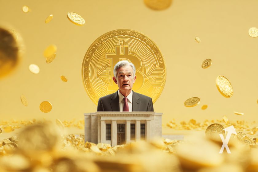 Jerome Powell mit Bitcoin im Hintergrund.