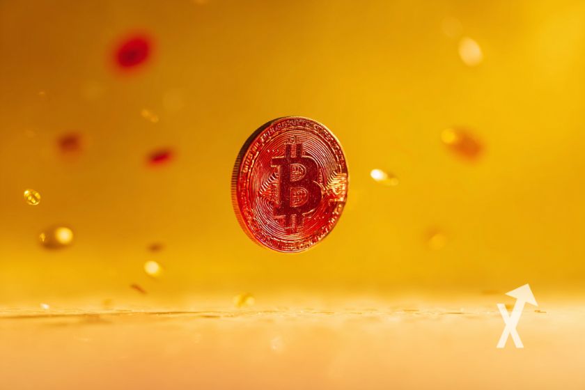 Rote Bitcoin-M&uuml;nze auf gelbem Hintergrund.