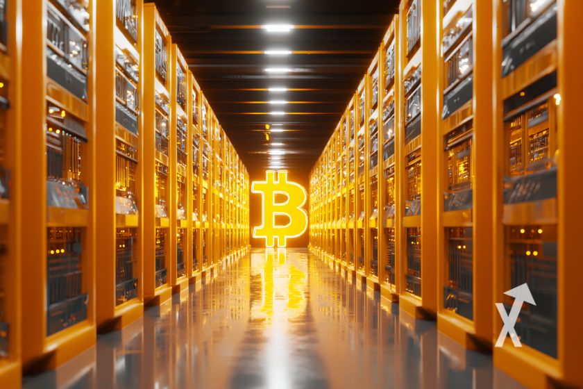 Bitcoin-Mining-Farm mit leuchtendem Bitcoin-Gl&uuml;hen.