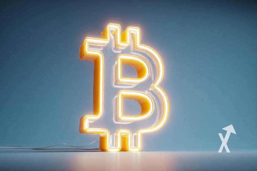 "Bitcoin-Logo in gelbem Neonlicht auf blauem Hintergrund"