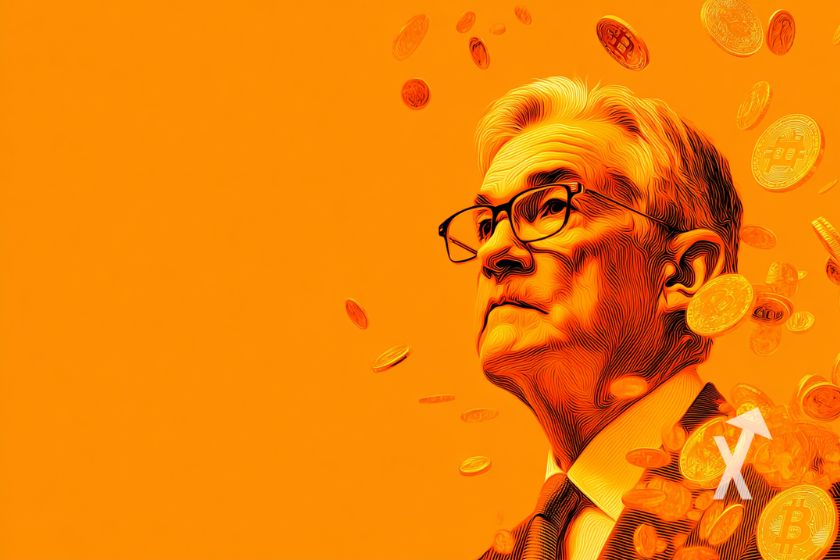 "Jerome Powell mit Bitcoin-Symbolen umgeben"