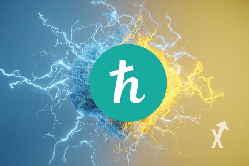 Planck Token auf Blau-Gelbem Hintergrund mit Elektrizit&auml;t.