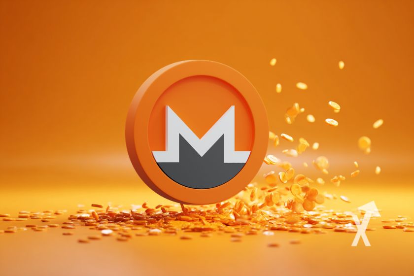 Monero XMR M&uuml;nze auf orangefarbenem Hintergrund.