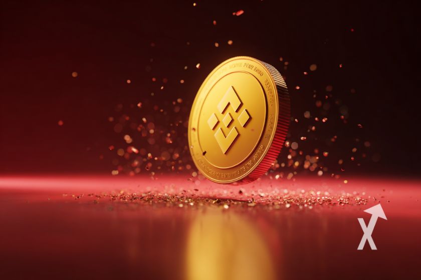 "Gelbes Binance BNB-M&uuml;nzzeichen auf rotem Hintergrund"
