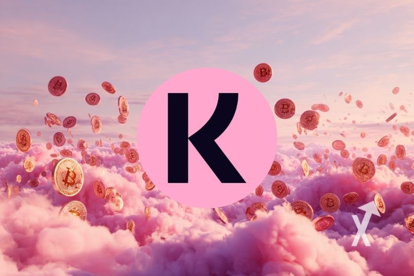 "Klarna-Logo auf rosafarbenem Himmel mit fliegenden Bitcoins"