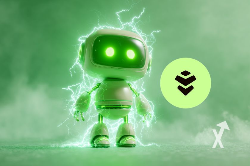 Roboter KI auf gr&uuml;nem Hintergrund mit Warden-Protokoll-Symbol.