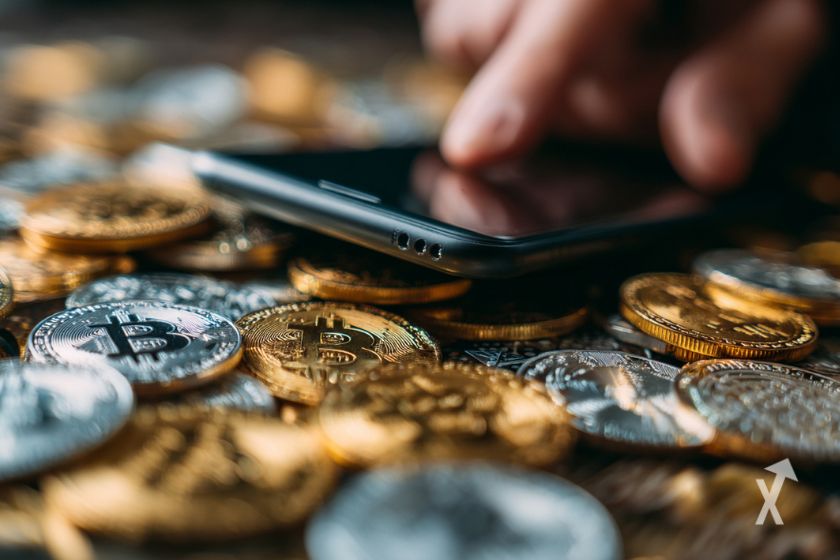 Person nutzt Smartphone auf Bitcoin-M&uuml;nzen.