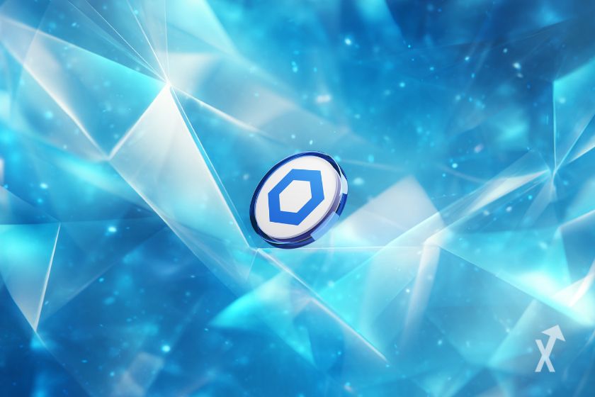 Chainlink-Token auf hellem Blau mit Formen.