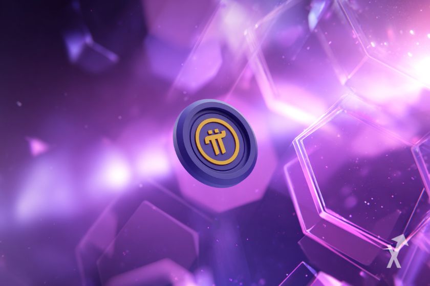 Pi Coin Token auf lila Hintergrund.