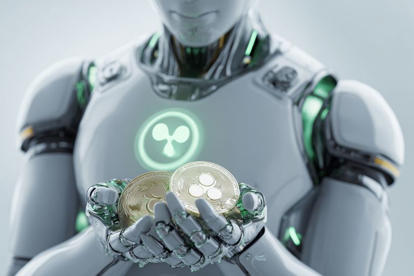 Ein Roboter h&auml;lt Silberm&uuml;nzen auf Wei&szlig;.