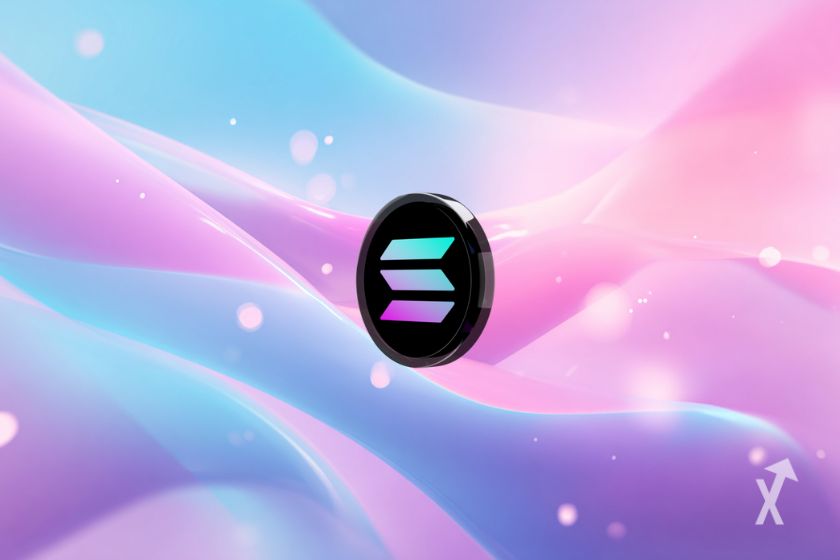 Schwarzer Token mit Solana-Logo auf rosa-blauem Hintergrund.