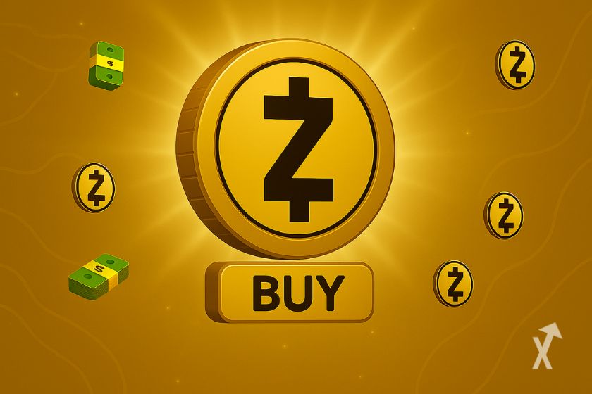"Gelber Zcash-Token mit Logo, Geldscheinen"