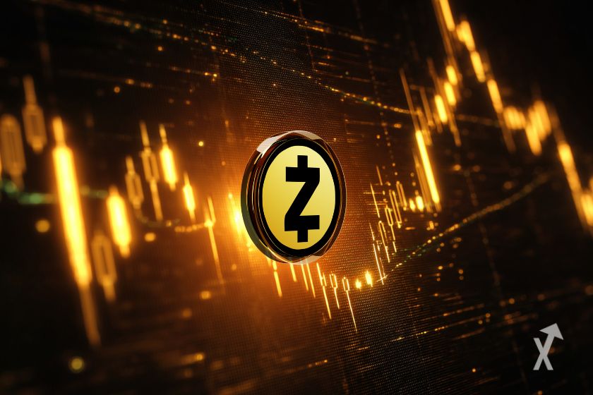 Zcash Token auf goldenem Candlestick-Chart.